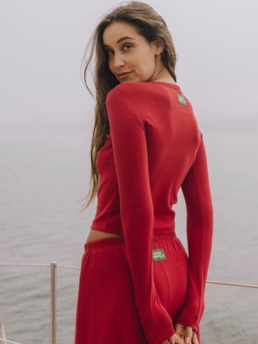 Daily Drills Women's 'Pointelle Long Sleeve Tee' T-shirt Top in 'Vintage Red' - Picture 2 of 3